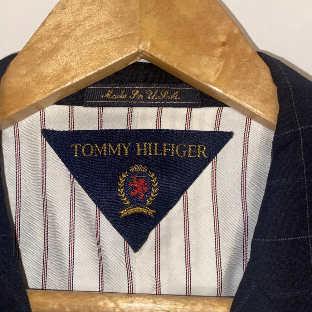 Vintage Tommy Hilfiger Suit Black Windowpane 2 Pc Pleated 90s Made USA 42R 33x29